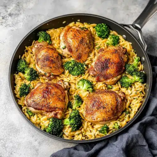 Skillet Chicken Thighs with Broccoli Cheddar Orzo